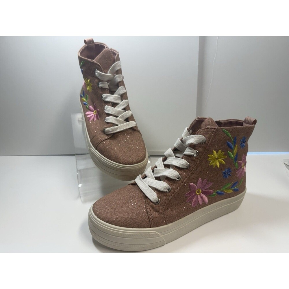 Copper Key Big Girls Embroidery Floral Pink Sparkle Hightop Sneakers Sz 1